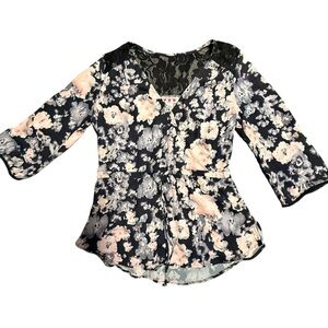 Three Pink Hearts Blouse Women's Floral Black and Pink Blouse Lace